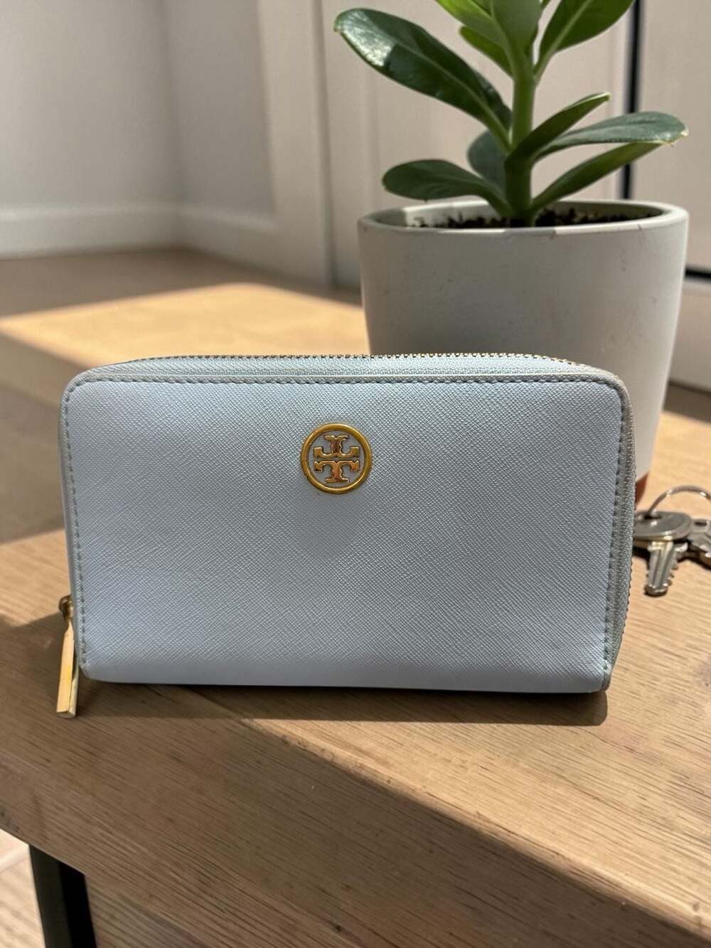 Tory Burch Saffiano Leather Zip Around Wallet Light Blue